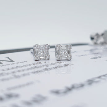 illusion setting with princess-cut, round brilliant and tapered baguette diamonds ear studs