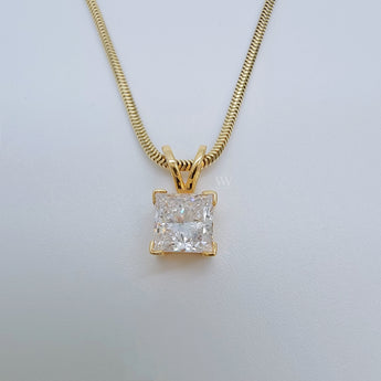 Princess Cut Lab diamond pendant on 14K yellow gold 15 inches necklace 